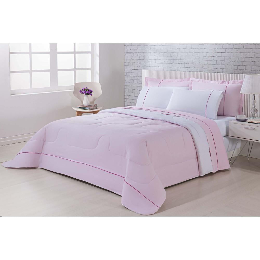 Kit Edredom 100% Algodão Percal 150 Fios Dupla Face Casal Gran Moratta 3 Peças - Rosa-branco - padrão de fabricação alto