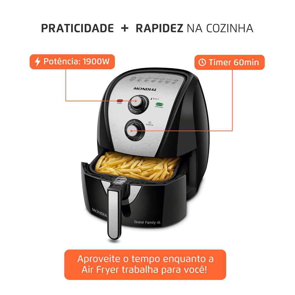 Fritadeira Elétrica Air Fryer Mondial Pratic AFN-60-BI 6L Preta/Inox - 220V