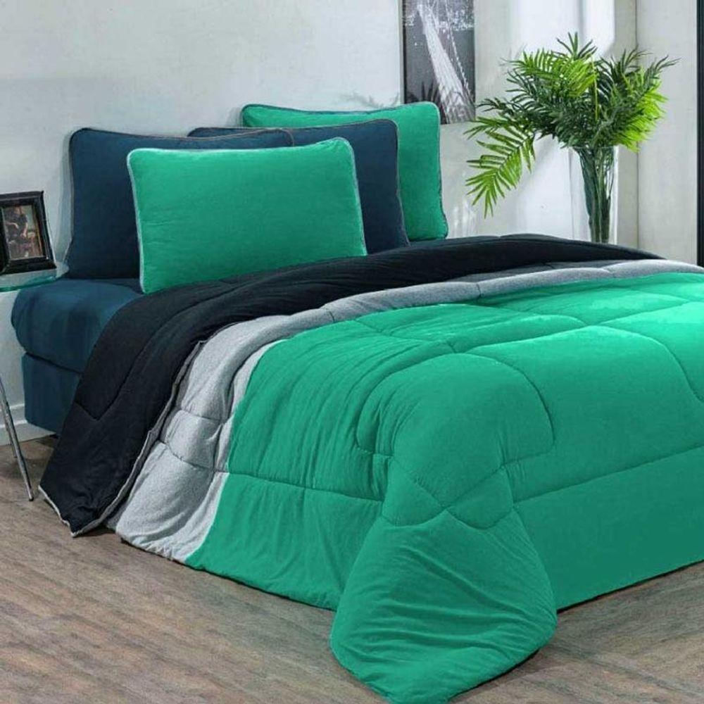 Kit Edredom Malha 100% Algodão Urbano 3 Peças King - visual elegante na cor Verde Jade-mescla-preto