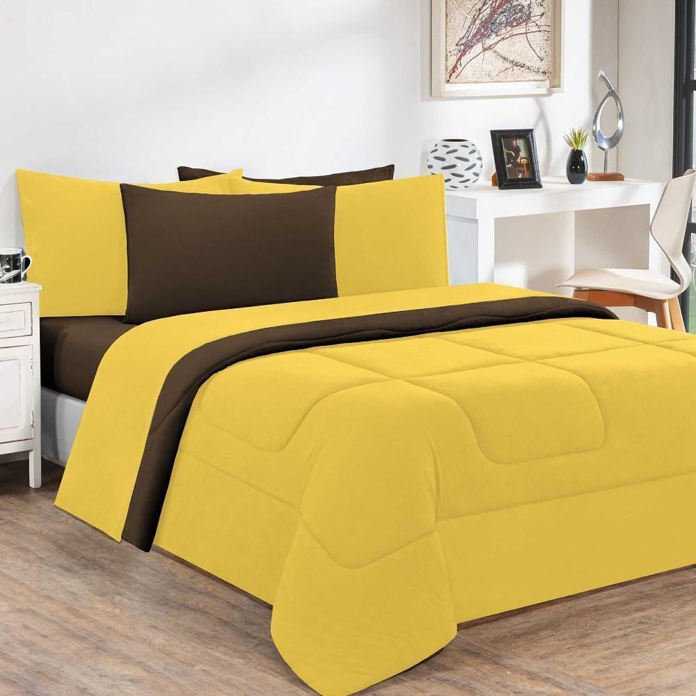 Kit Edredom Malha 100% Algodão Gran Moratta 3 Peças Casal - Amarelo-marrom