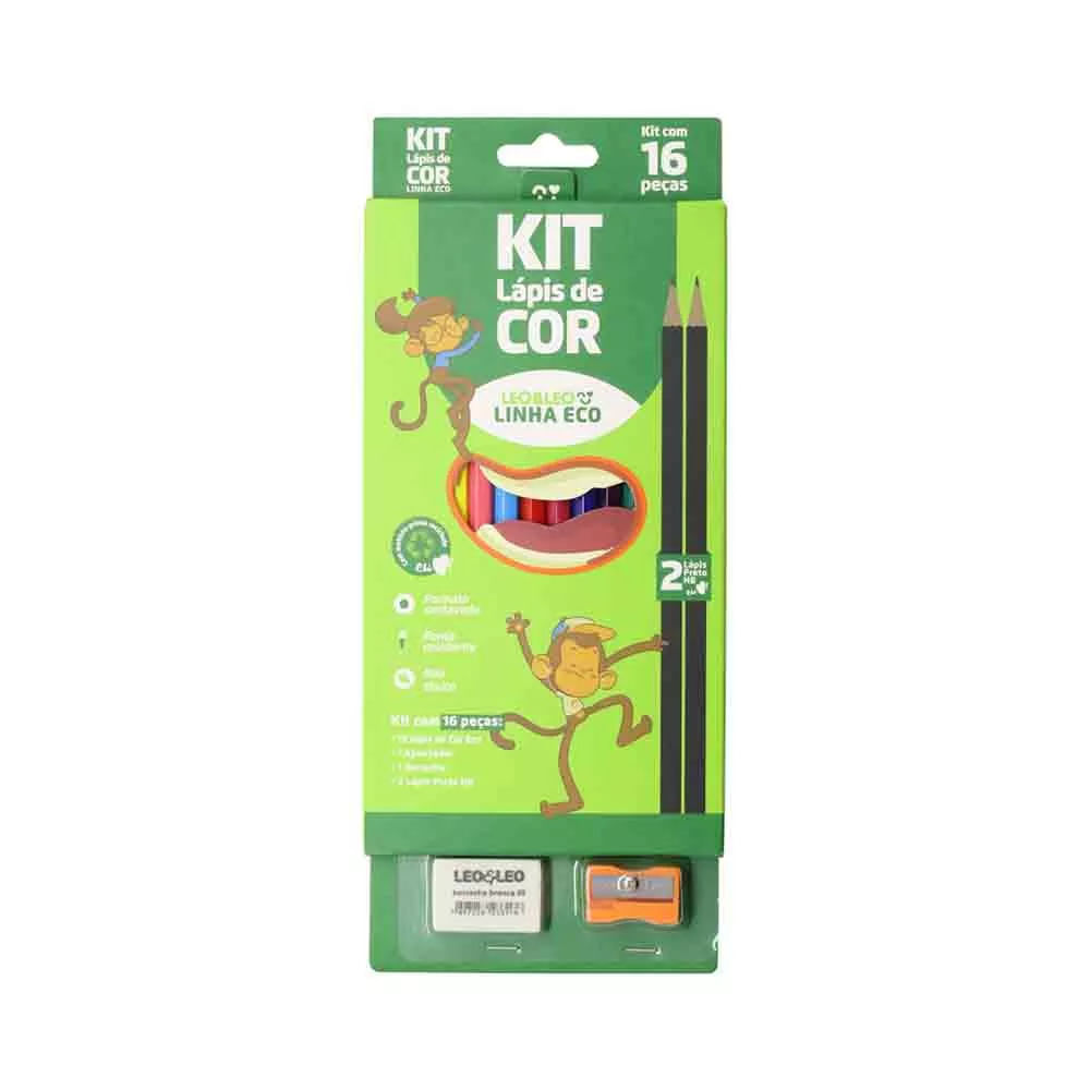 Kit Escrita Leonora Ecológico 12 Lápis de Cores + 2 Lápis Grafites HB + 1 Borracha + 1 Apontador