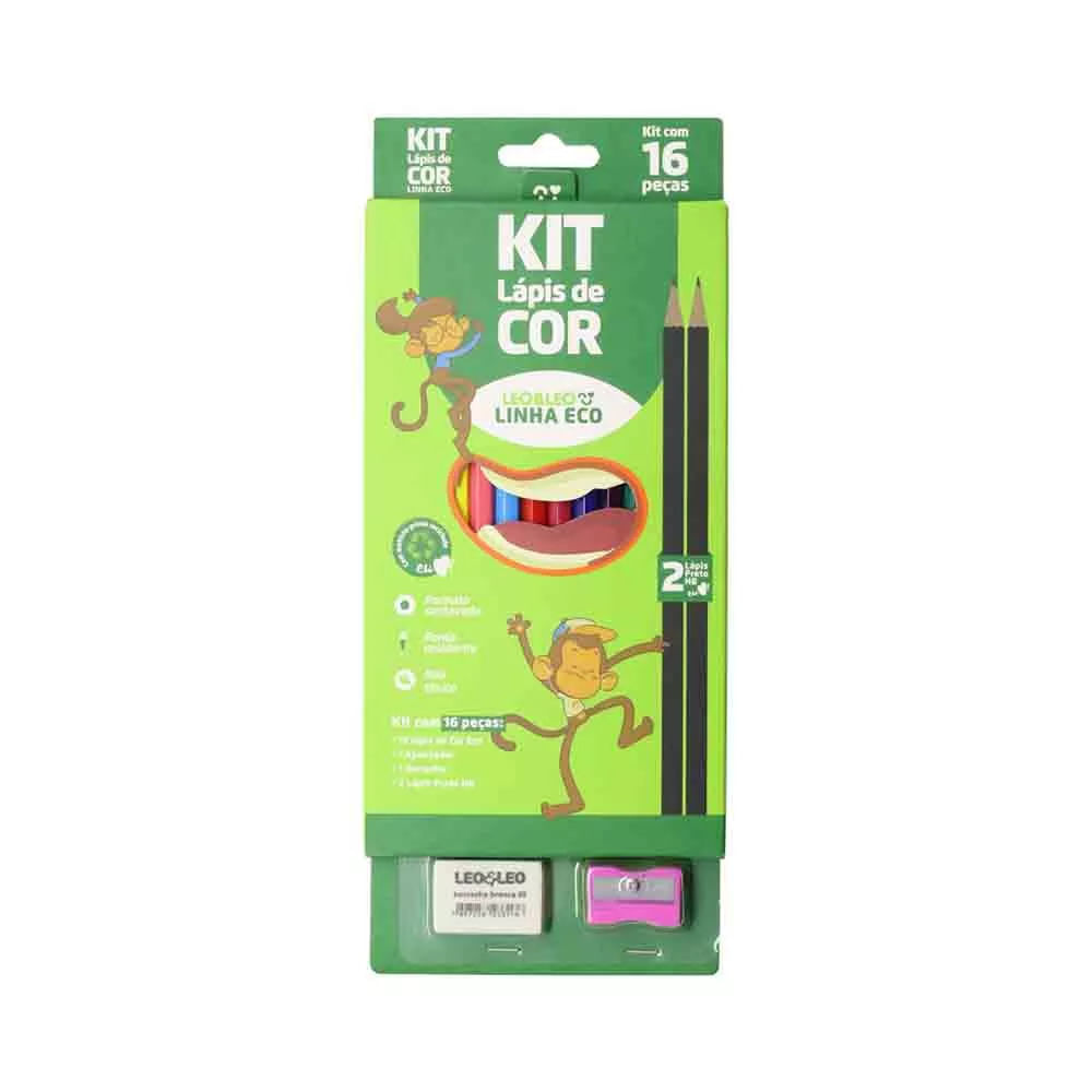Kit Escrita Leonora Ecológico 12 Lápis de Cores + 2 Lápis Grafites HB + 1 Borracha + 1 Apontador