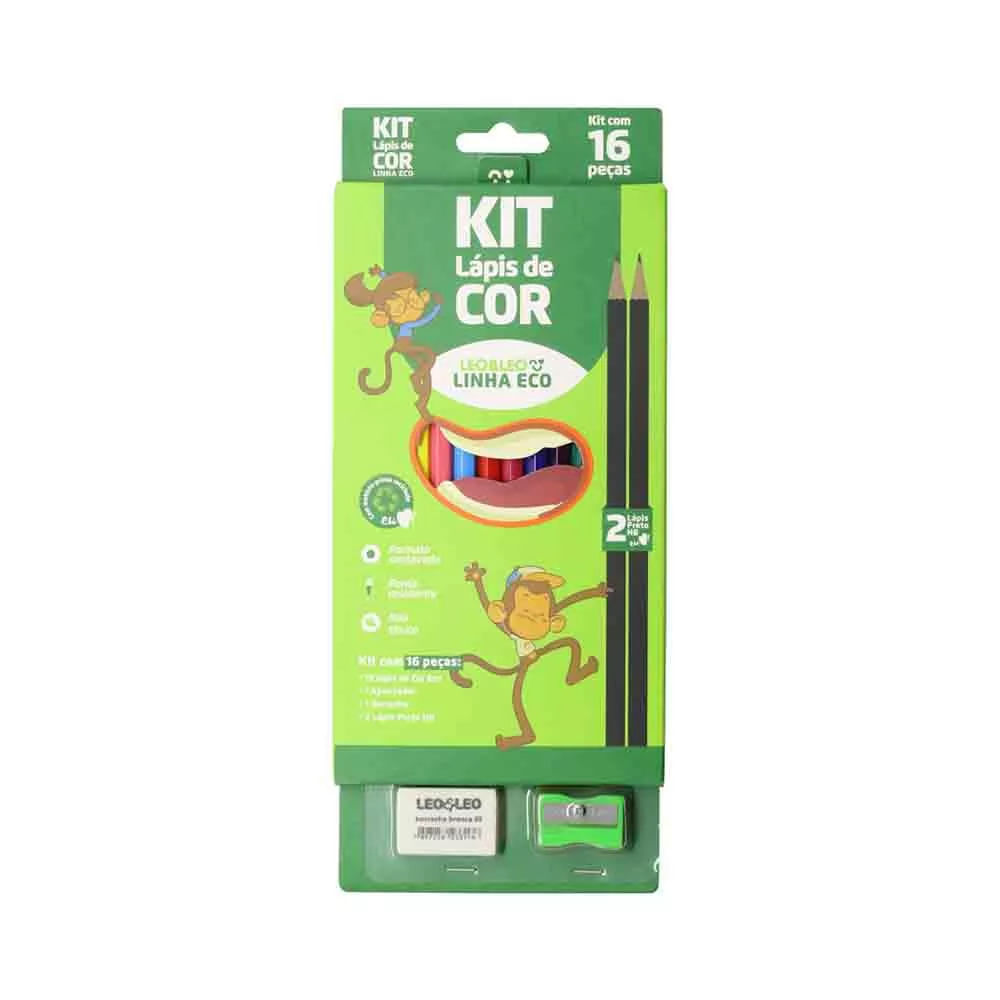 Kit Escrita Leonora Ecológico 12 Lápis de Cores + 2 Lápis Grafites HB + 1 Borracha + 1 Apontador