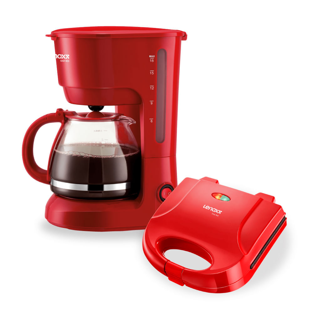 Kit Cafeteira Elétrica 18 Xícaras PCA019 com Sanduicheira Grill PSD119 Lenoxx Vermelha 127V