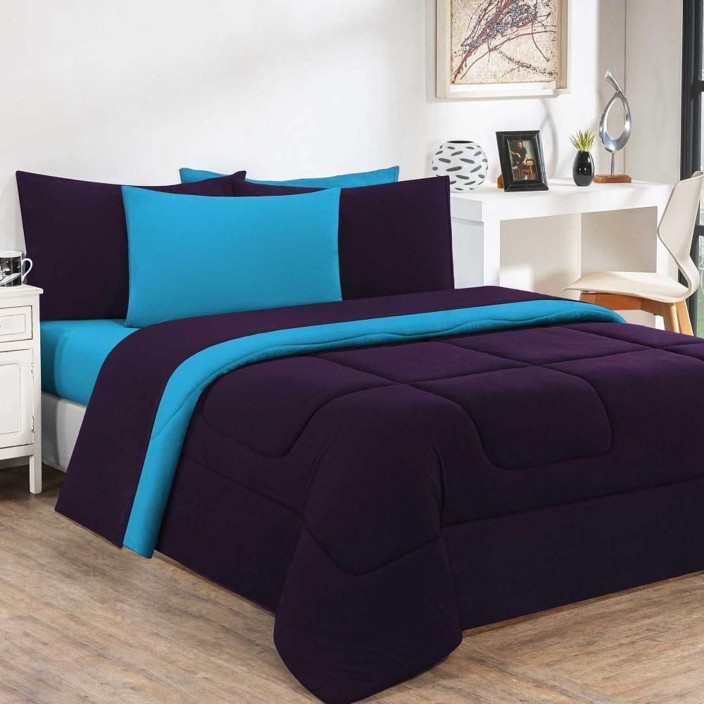 Kit Edredom Malha 100% Algodão Gran Moratta 3 Peças King - pintado com a cor Roxo -azul Turquesa