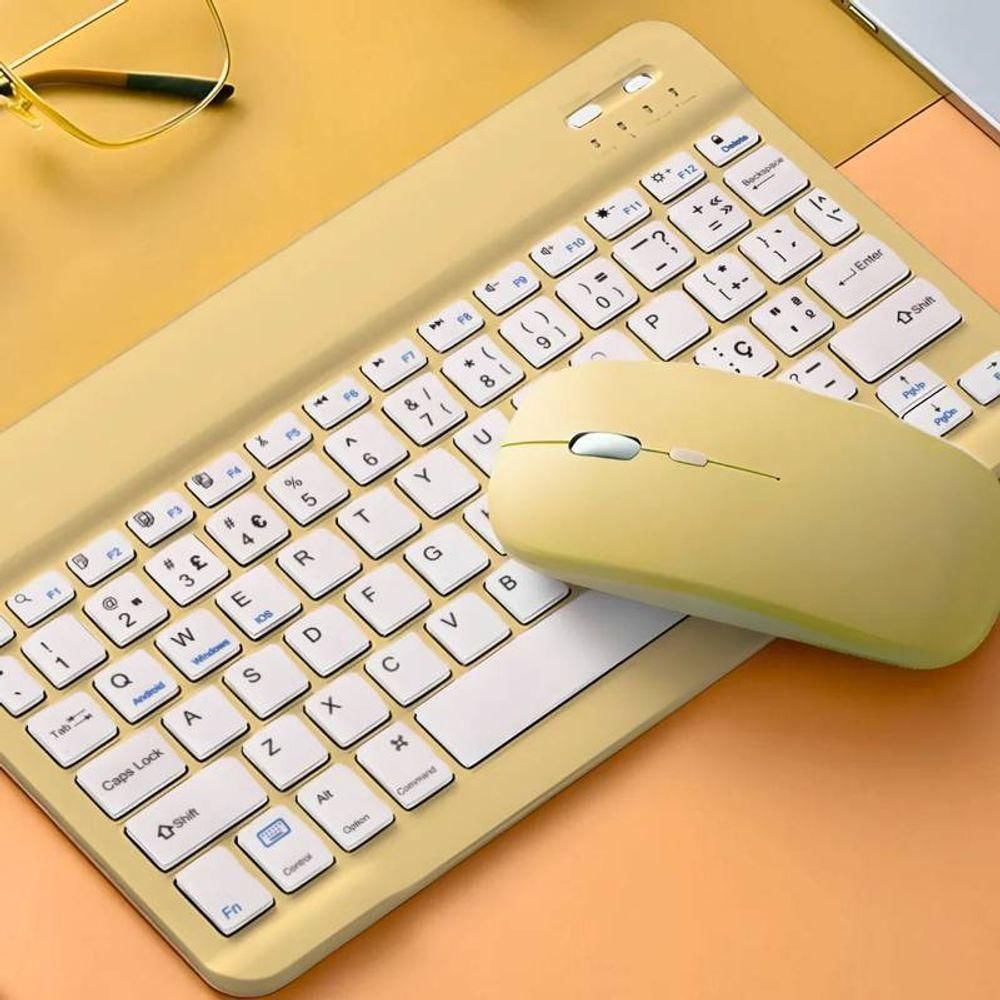 Teclado Sem Fio Amarelo Recarregável Bluetooth Com Mouse