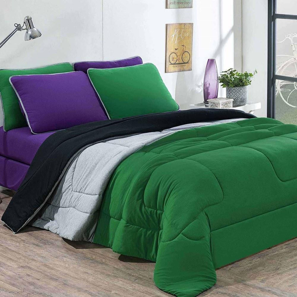 Edredom Malha 100% Algodão Urbano 1 Peça Queen - Verde Bandeira-mescla-preto