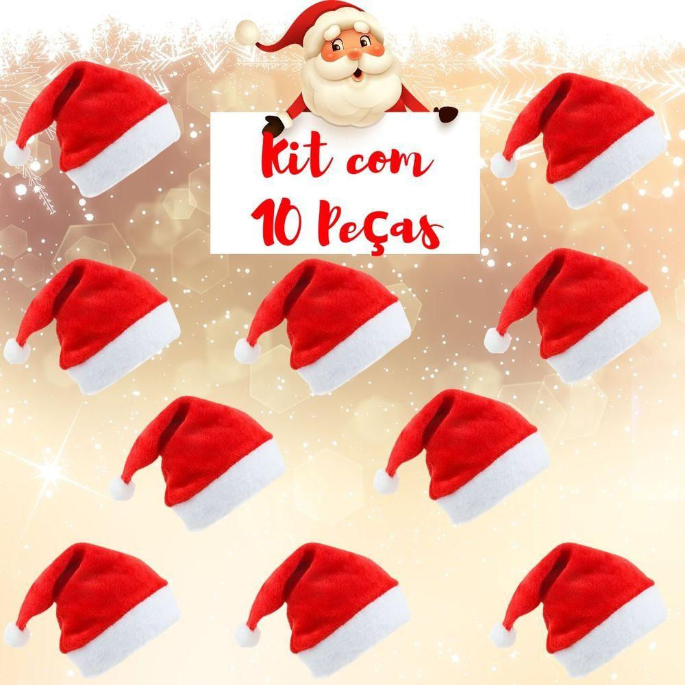 Kit Com 10 Gorros De Papai Noel De Veludo Vermelho E Branco - 40cm