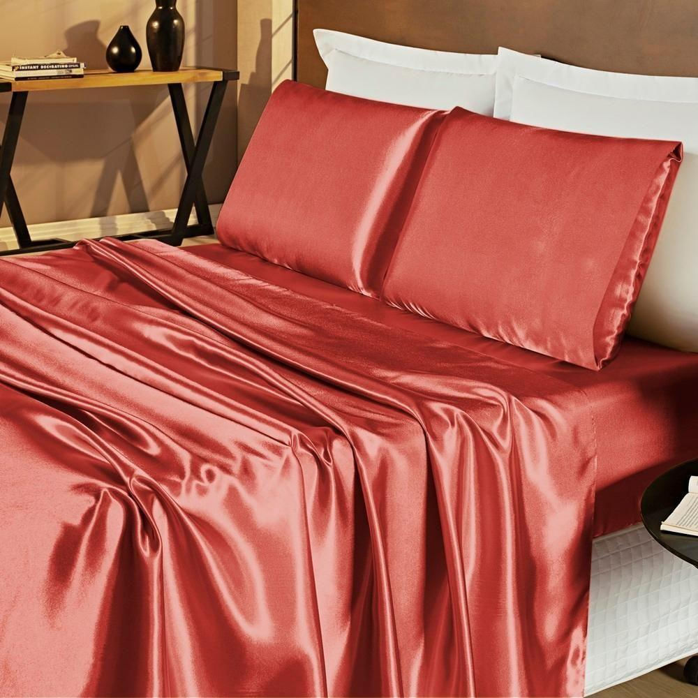 Jogo De Cama Lençol Cetim King Romantic 04 Peças - cor de acabamento Telha