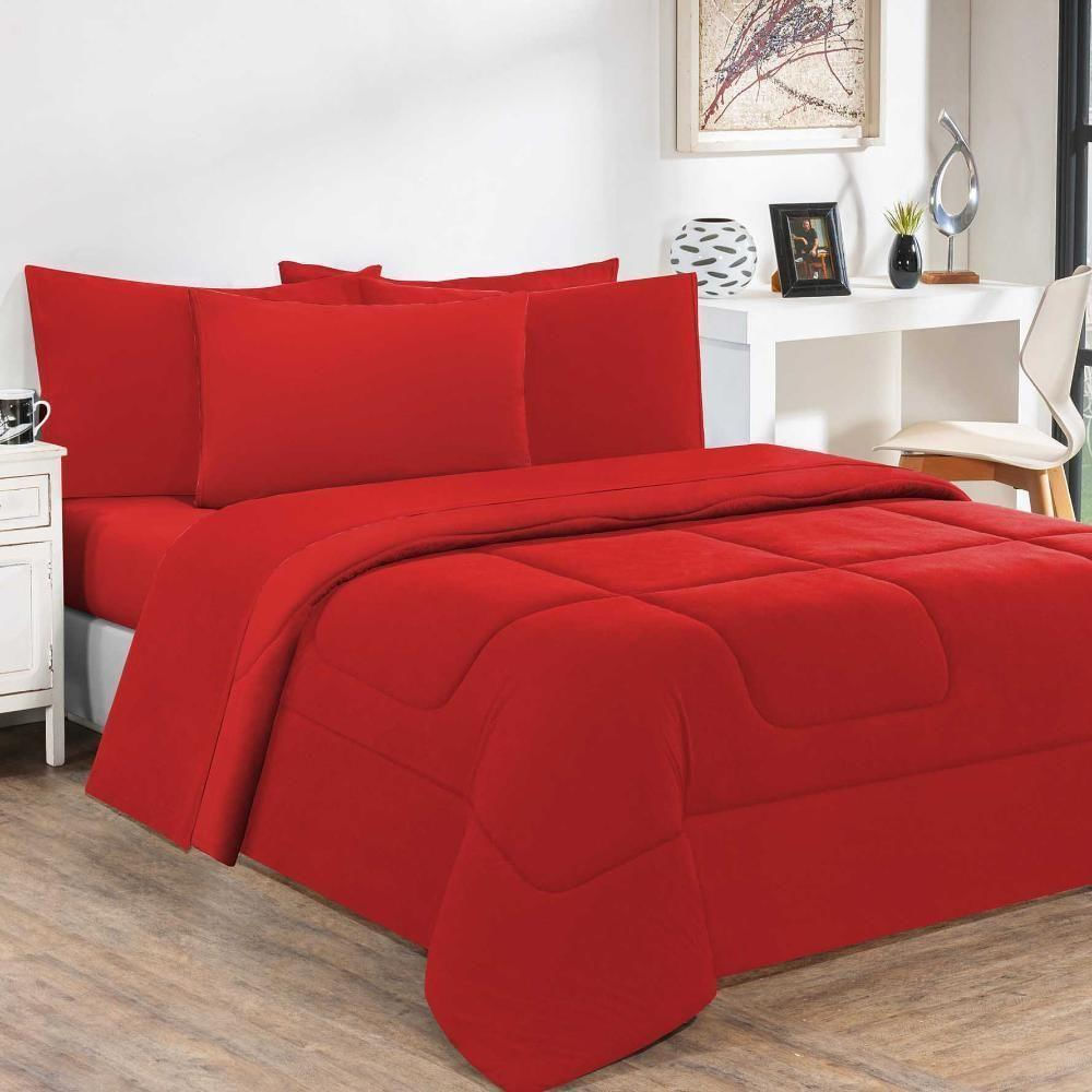 Kit Edredom + Jogo De Lençol Malha 100% Algodão Gran Moratta 6 Peças Queen - Vermelho-vermelho - Alta Qualidade!