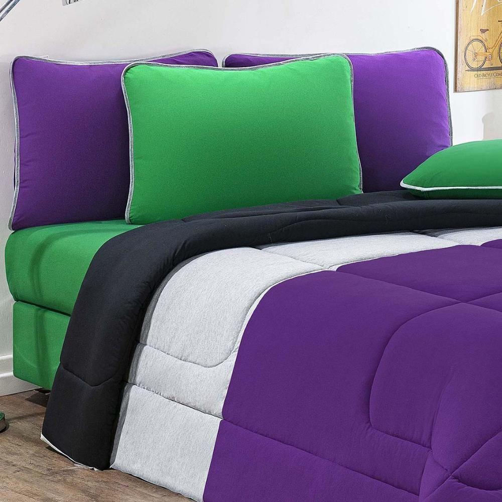 Kit Edredom Malha 100% Algodão Urbano 3 Peças Queen - Roxo-mescla-preto - Alta Performance