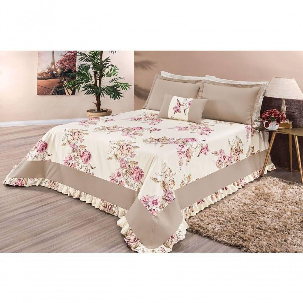 Cobre Leito Queen Riviera 05 Peças - Floral Palha - Alta Padrão de Fabricação