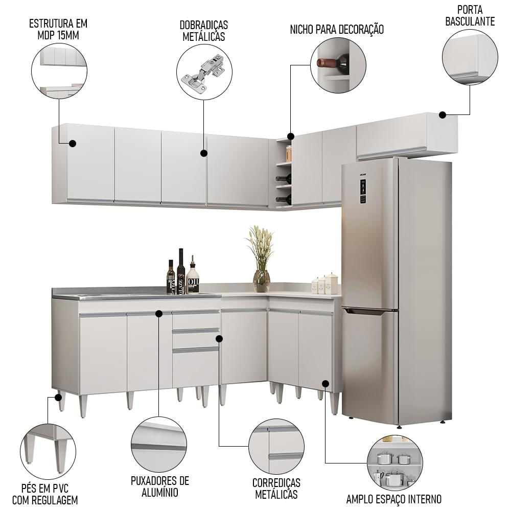 Armário de Cozinha Modulado de Canto 7 Peças CP21 com Pia Inox Branco - Lumil