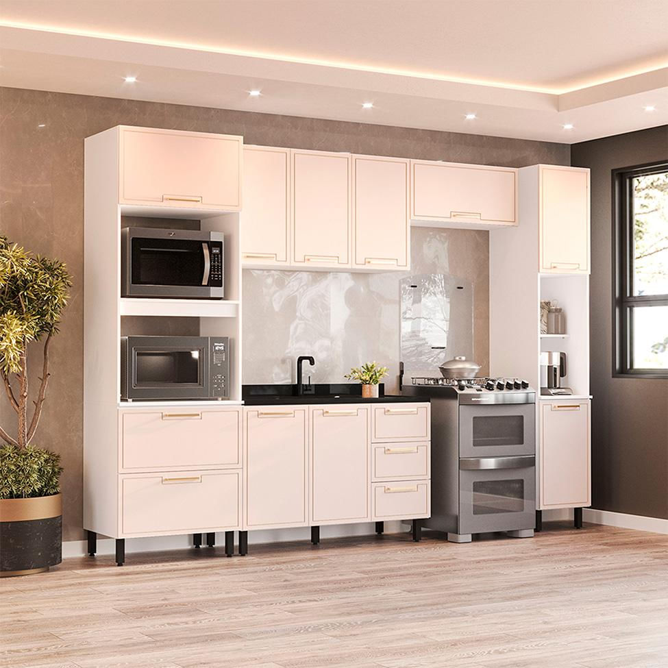 Cozinha Compacta Sem Tampo com Paneleiro Amara 10 Portas 4 Gavetas Creme e  Branca