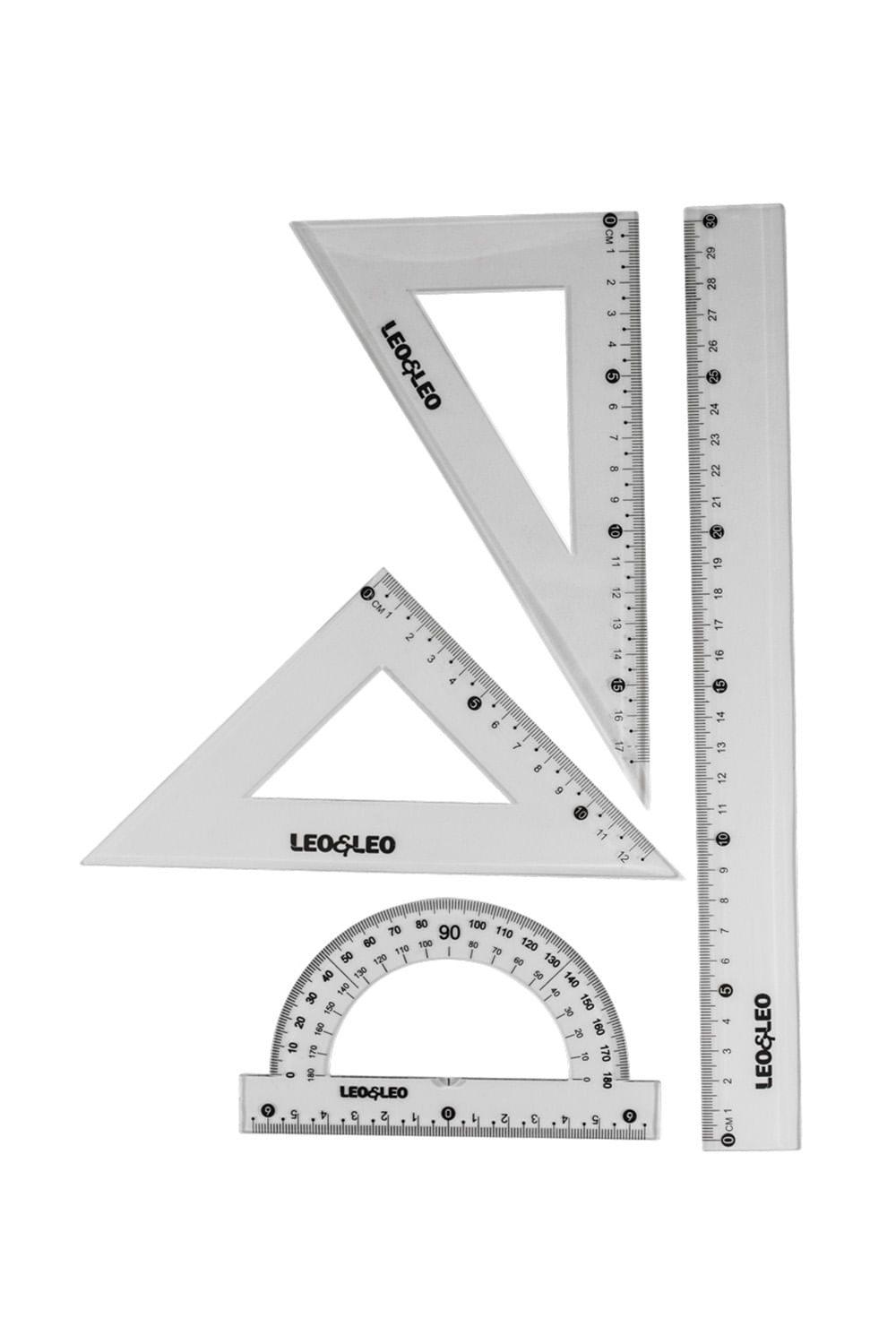 Kit Escolar Geométrico Leonora com Régua 30cm + 2 Esquadros + Transferidor 180°