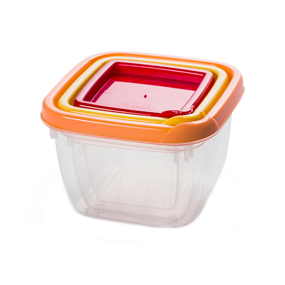 Conjunto de Potes Plásticos Plasútil Conect Quadrado com 3 Peças 130ml, 240ml, 430ml