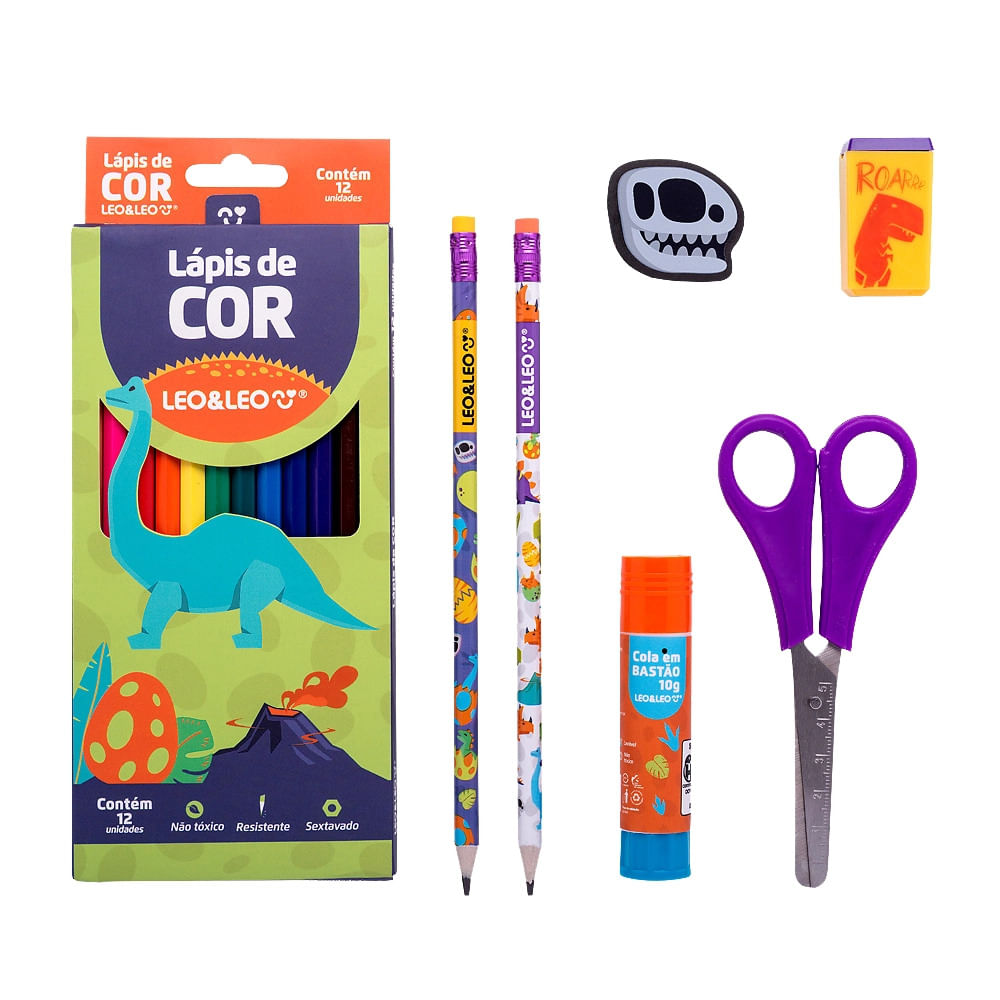 Kit Escolar Dino Leo&Leo 12 Lápis de Cor + Borracha + Apontador + Cola + Régua + Tesoura
