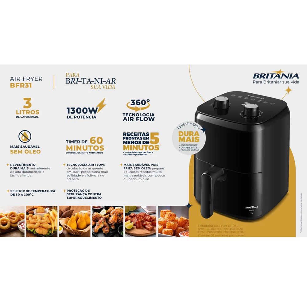 Fritadeira Elétrica Air Fryer Britânia BFR31 3L Preta - 127V
