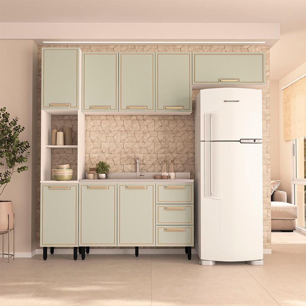 Cozinha Compacta Sem Tampo Amara 8 Portas 3 Gavetas Verde e Branca
