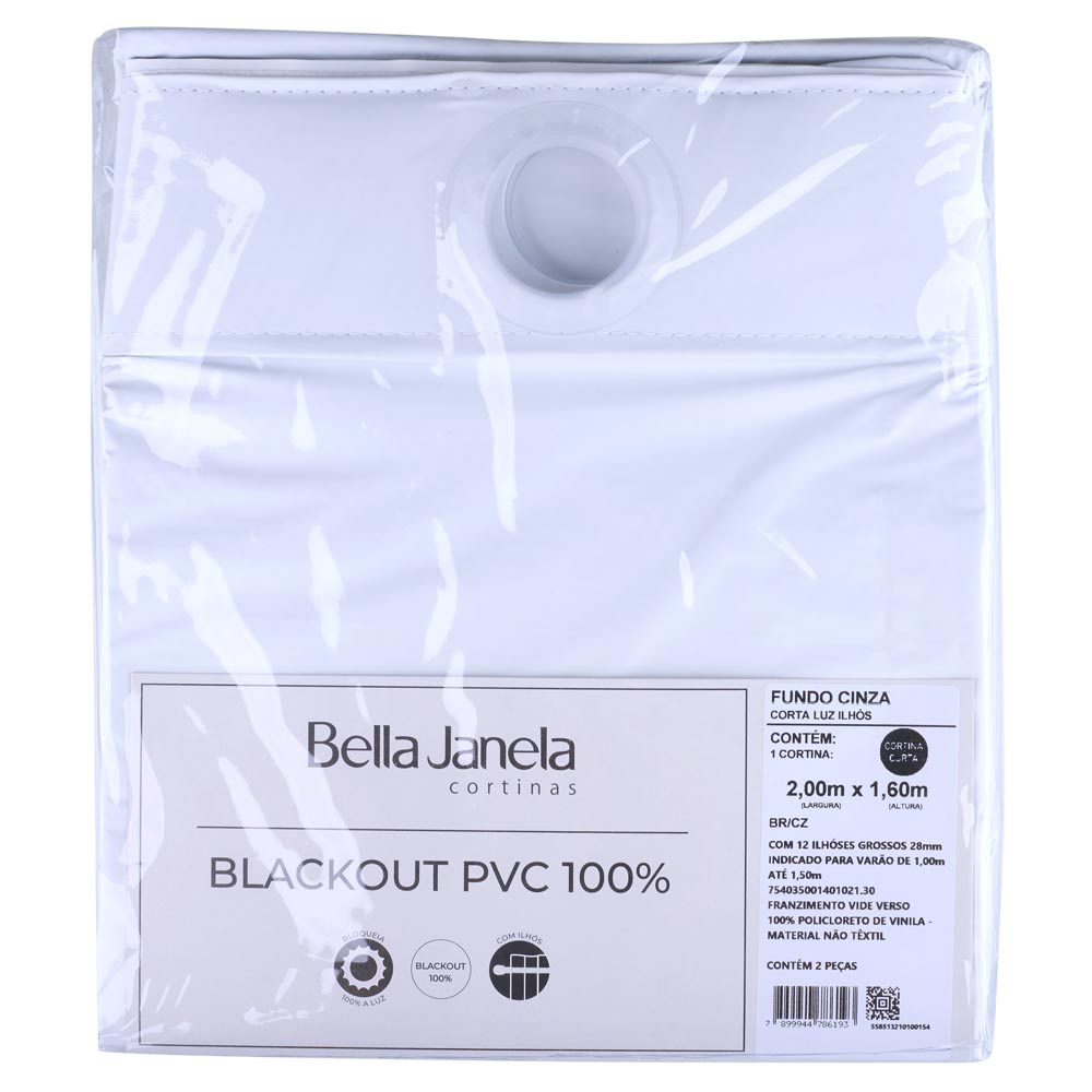 Cortina Corta Luz Bella Janela 2,00m x 1,60m Dupla Face com Ilhós Branco/Cinza