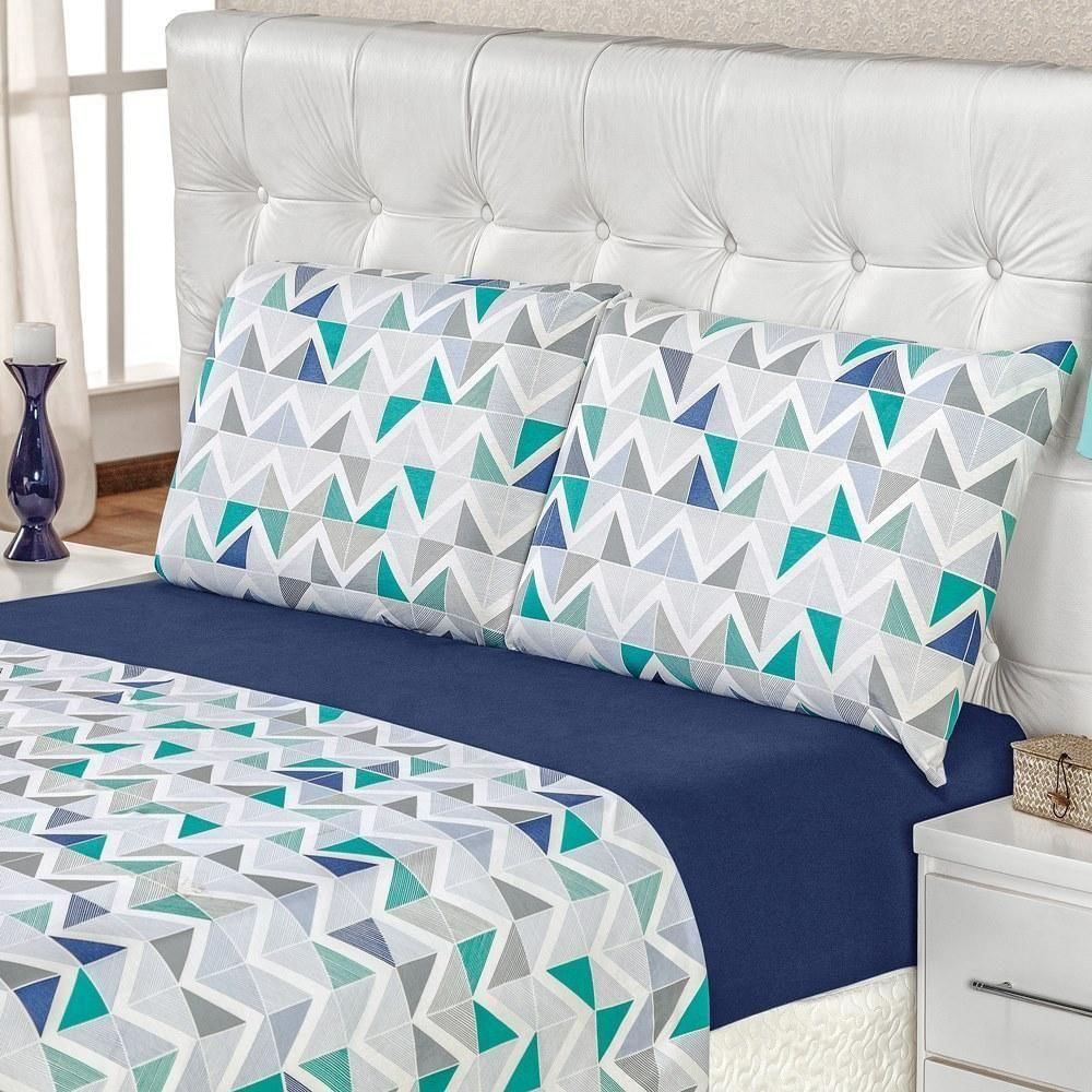 Jogo De Cama Malha Queen Quality 04 Peças - Geométrico Acabamento na cor Azul