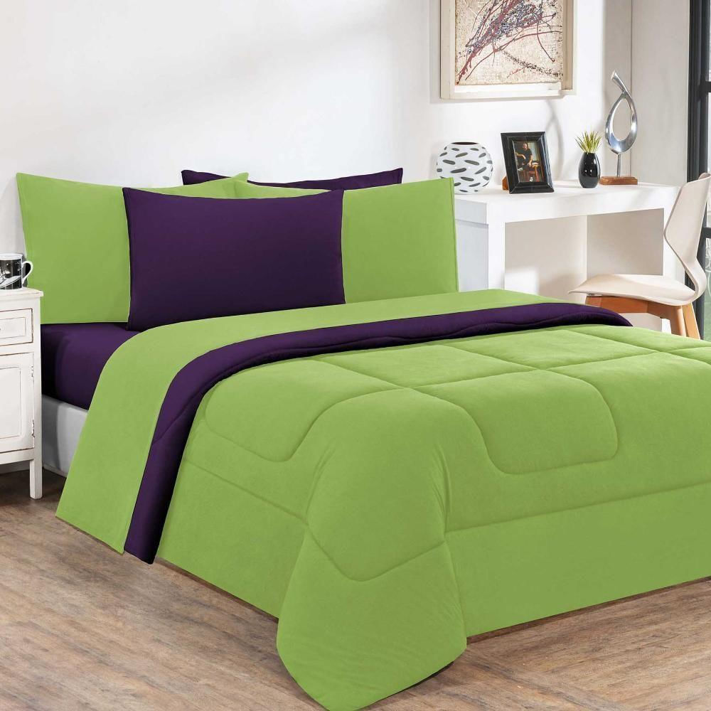 Kit Edredom + Jogo De Lençol Malha 100% Algodão Gran Moratta 7 Peças King - personalização na cor Verde Pistache-roxo