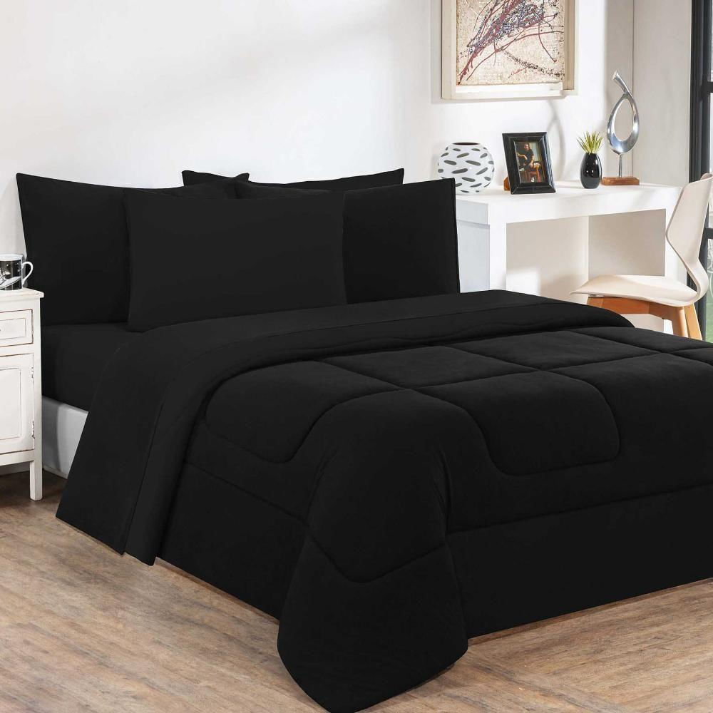 Kit Edredom + Jogo De Lençol Malha 100% Algodão Gran Moratta 6 Peças Queen - Preto-preto - padrão de fabricação alto