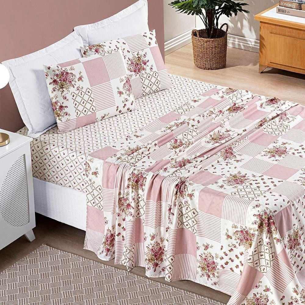 Jogo De Cama Lençol Bouti Estampado Casal Padrão 04 Peças - Rosa Matura