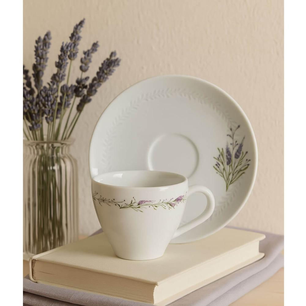 Jogo 6 Xícaras de Café com Pires Porcelana 100ml Tramontina Lilla Branca Decorada