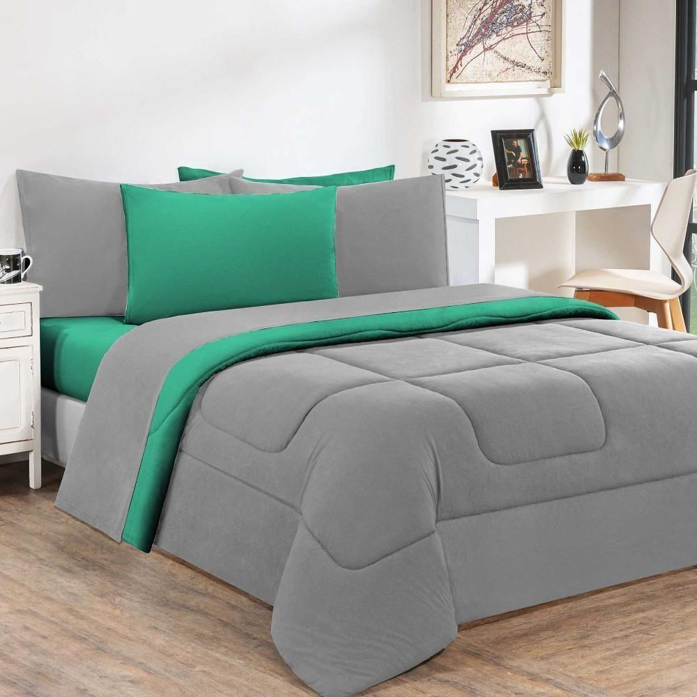 Kit Edredom Malha 100% Algodão Gran Moratta 3 Peças King - Cinza-verde Jade - Qualidade Impecável