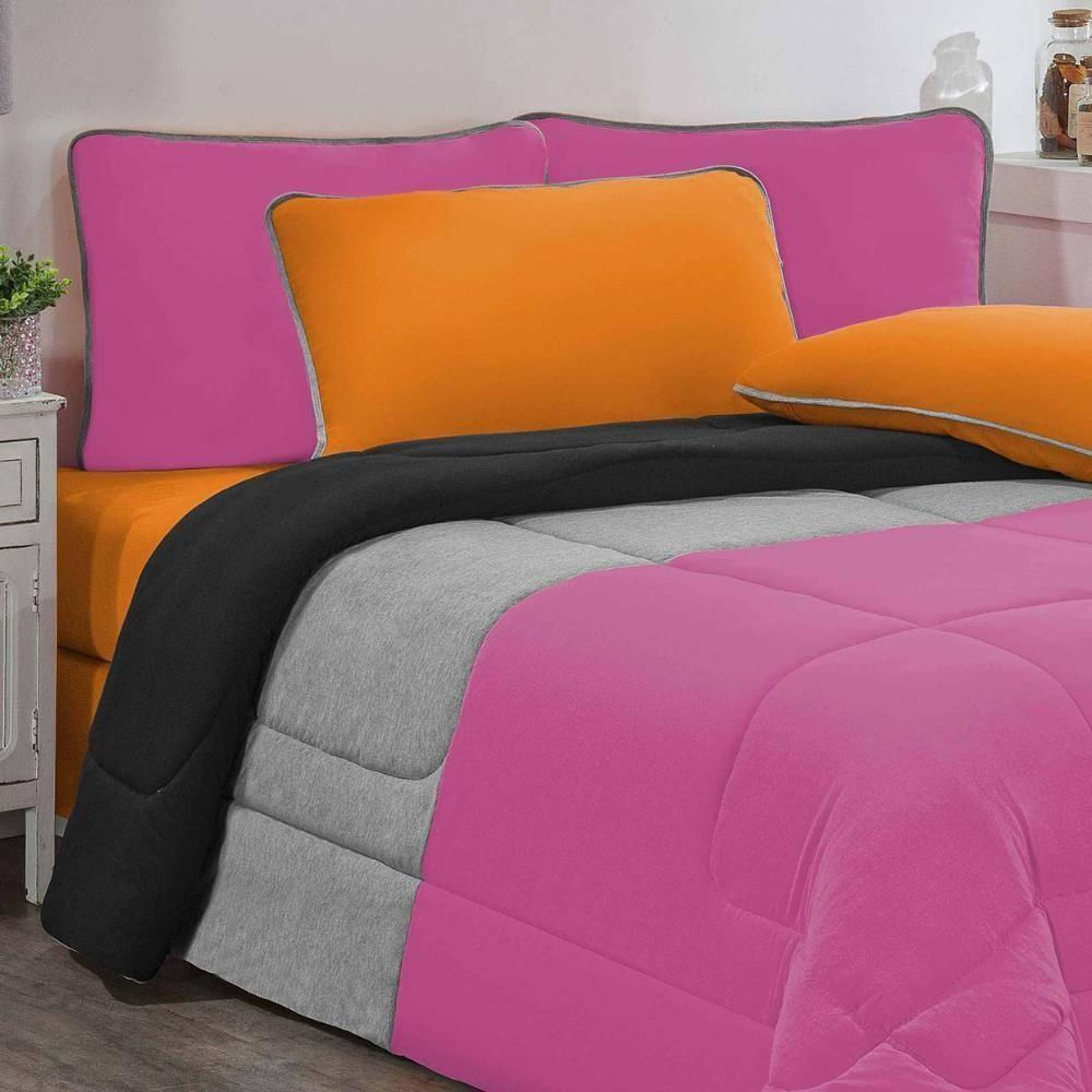 Kit Edredom Malha 100% Algodão Urbano 3 Peças King - Pink-mescla-preto - design resistente