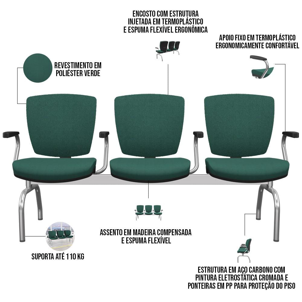 Cadeira Longarina 3 Lugares Aeroporto Recepção Cromado Baixa Flexi P03 Poliéster Verde - Lyam