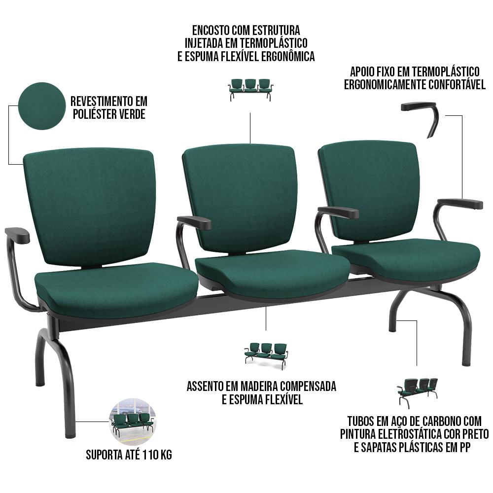 Cadeira Longarina 3 Lugares Aeroporto Recepção Preto Baixa Flexi P03 Poliéster Verde - Lyam