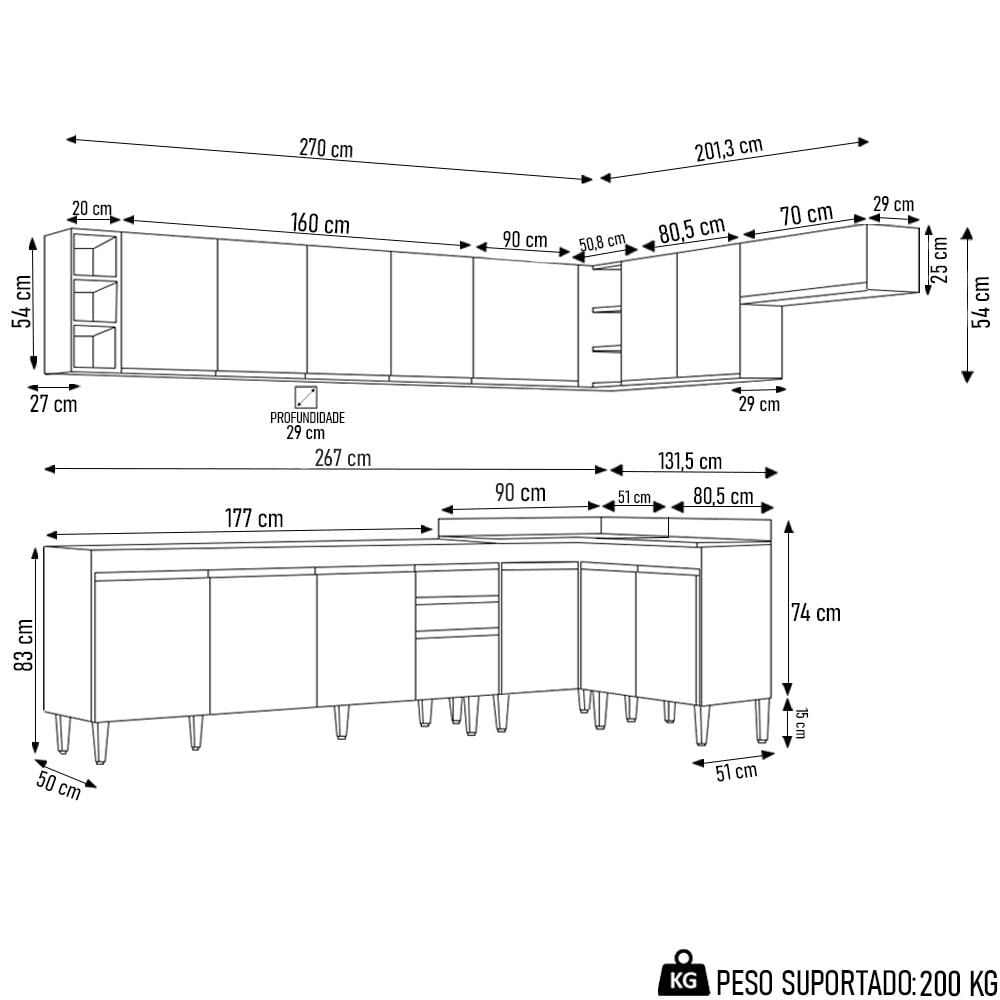 Armário de Cozinha Modulado de Canto 8 Peças CP25 Balcão sem Tampo Preto/Cinza - Lumil