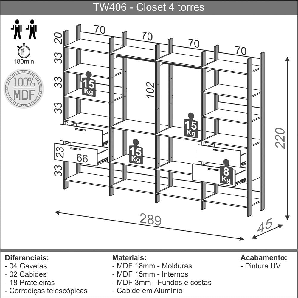 Kit 04 Closet Guarda Roupa Cabideiro 04 Gavetas Modulado 220x73cm Leaf D03 Freijó Preto - Lyam Decor