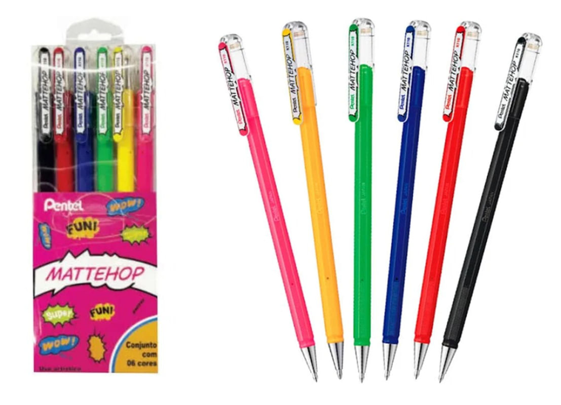 Kit Caneta Gel Mattehop Ponta 1.0mm 6 Cores - PENTEL