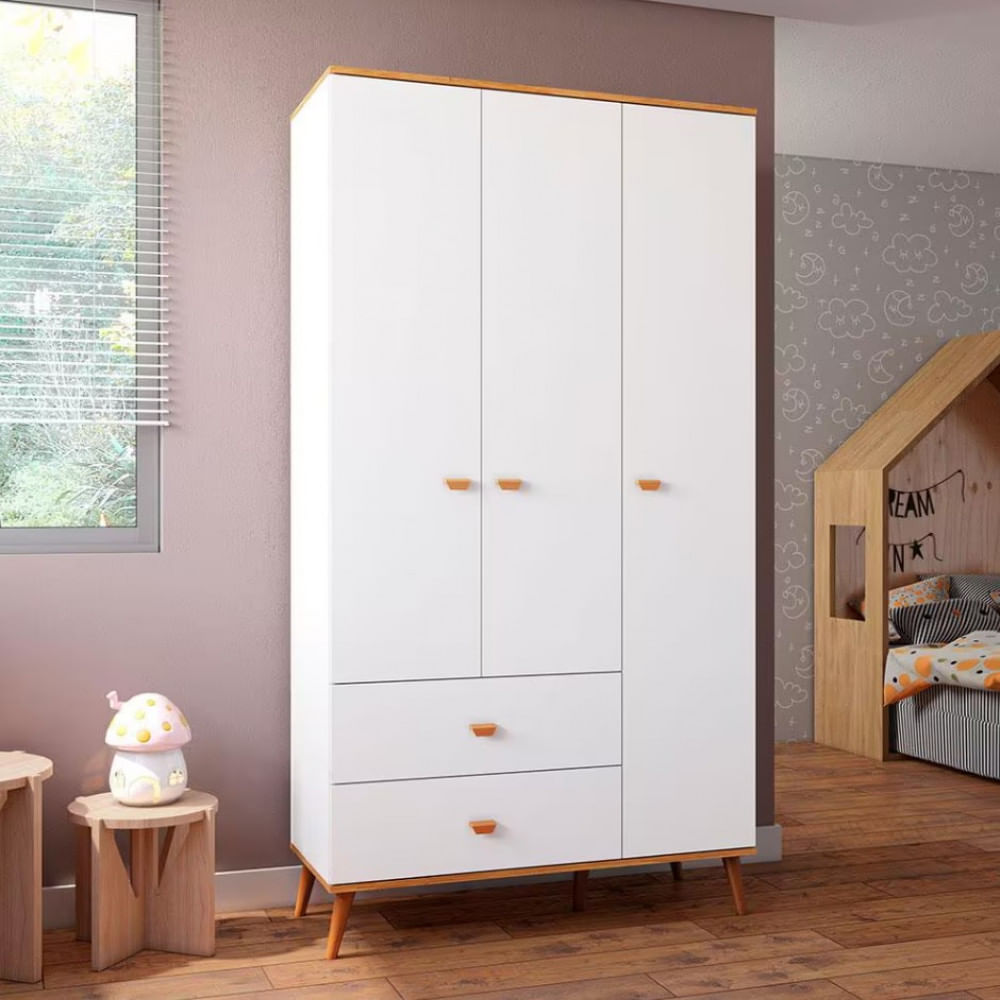 Guarda Roupa Infantil Bartira Ternura com 3 Portas 2 Gavetas e 5 Nichos Branco Wood