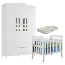 Berço Americano Lila E Guarda Roupa Infantil New Selena 4 Portas Branco Brilho Com Colchão Gazin – Carolina Móveis