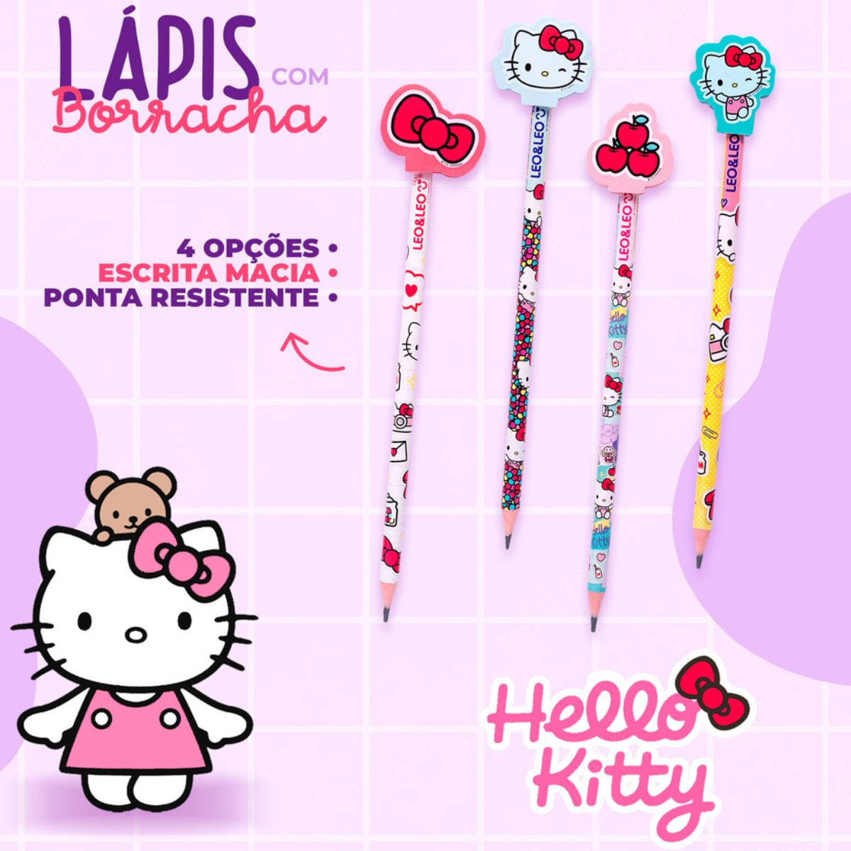 LAPIS COM BORRACHA NA PONTA HELLO KITTY UNITARIO - LEO &amp; LEO