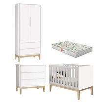 Quarto De Bebê 2 Portas E Cômoda Gaveteiro New Classic Branco Com Pés Madeira Natural E Colchão Gazin ? Reller