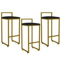 Kit 03 Banquetas Altas Para Cozinha Sala De Jantar Hanna L02 Dourado Suede Preto - Lyam Decor