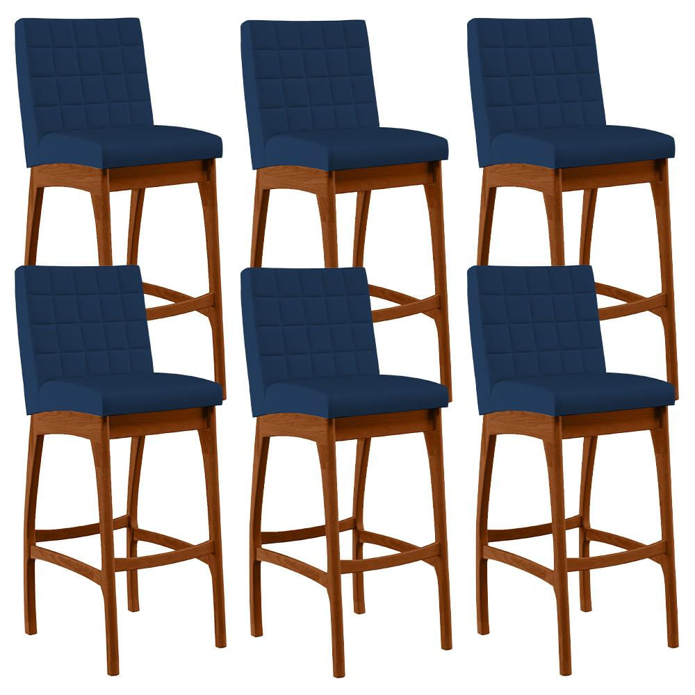 Kit 06 Banquetas Altas Para Cozinha Sala de Jantar Fixa Mila B04 Suede Azul Marinho - Lyam Decor