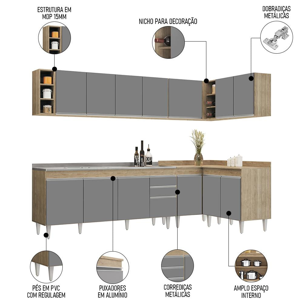 Armário de Cozinha Modulado de Canto 7 Peças CP36 com Pia Inox Castanho/Cinza - Lumil