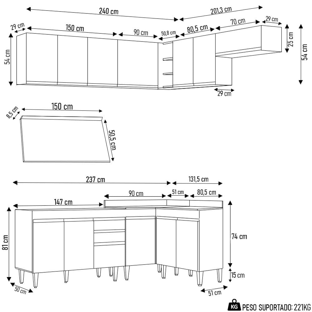 Armário de Cozinha Modulado de Canto 7 Peças CP23 Balcão com Tampo Preto/Cinza - Lumil