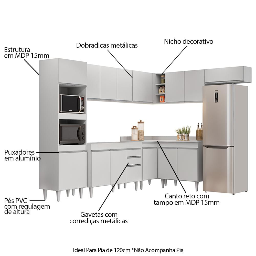 Armário de Cozinha Modulada de Canto 8 Peças CP01 Balcão Branco - Lumil