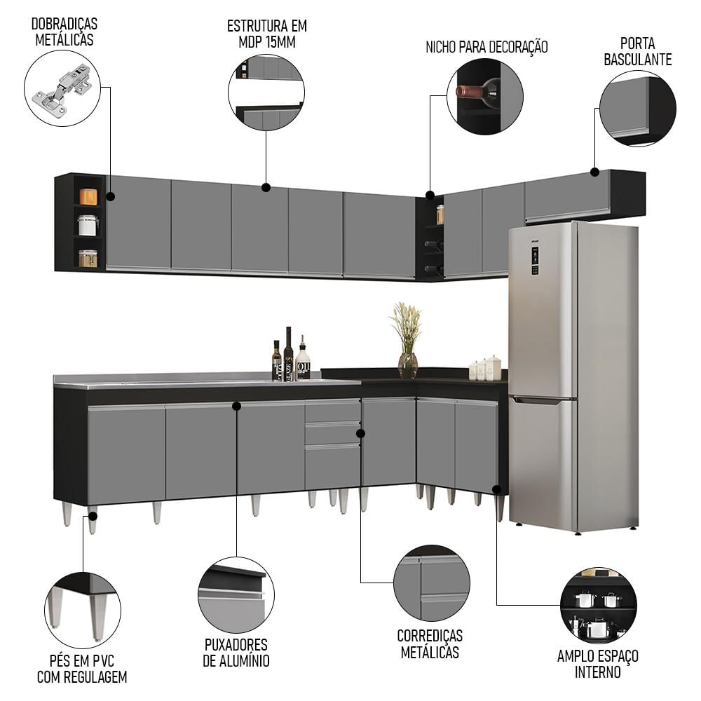 Armário de Cozinha Modulado de Canto 8 Peças CP27 com Pia Inox Preto/Cinza - Lumil