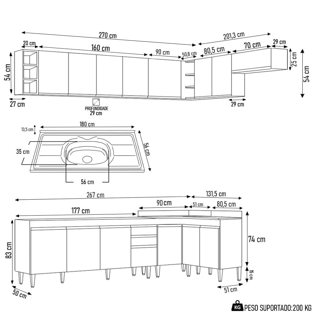 Armário de Cozinha Modulado de Canto 8 Peças CP27 com Pia Inox Preto/Cinza - Lumil