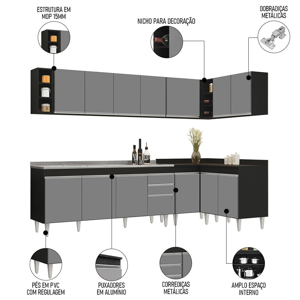 Armário de Cozinha Modulado de Canto 7 Peças CP36 com Pia Inox Preto/Cinza - Lumil