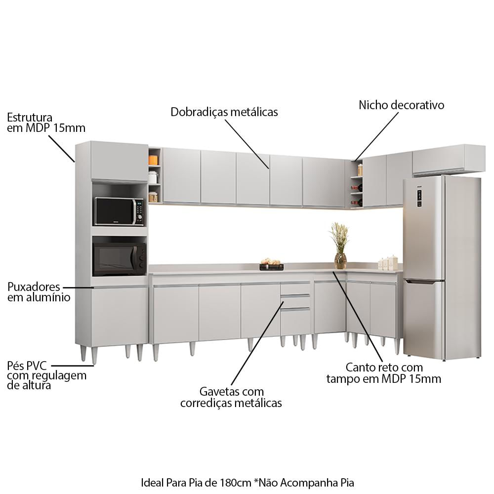 Armário de Cozinha Modulada de Canto 9 Peças CP05 Balcão com Tampo Branco - Lumil