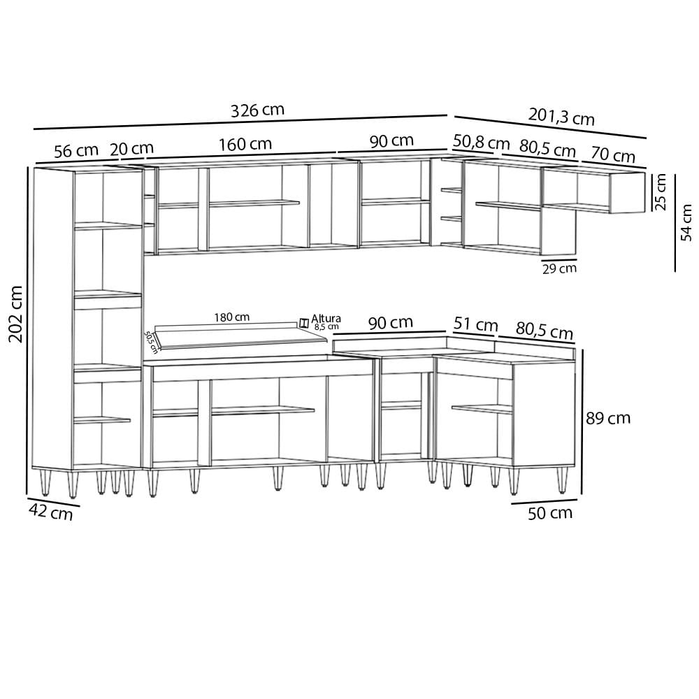 Armário de Cozinha Modulada de Canto 9 Peças CP05 Balcão com Tampo Branco - Lumil